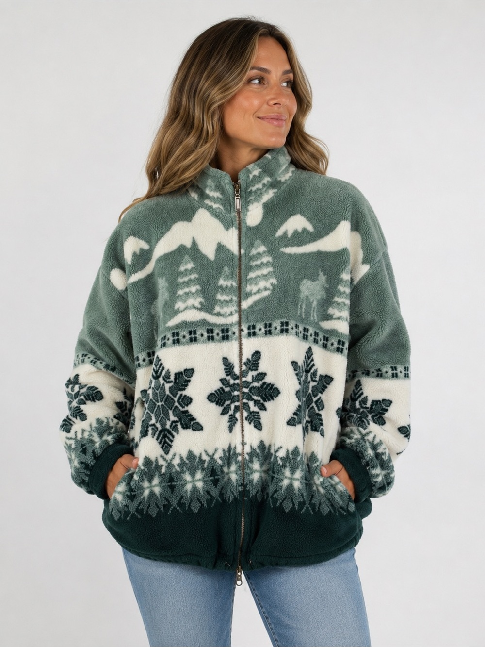 Vintage Cabela’s Moose Snowflake Fleece Jacket Green White Oversized L